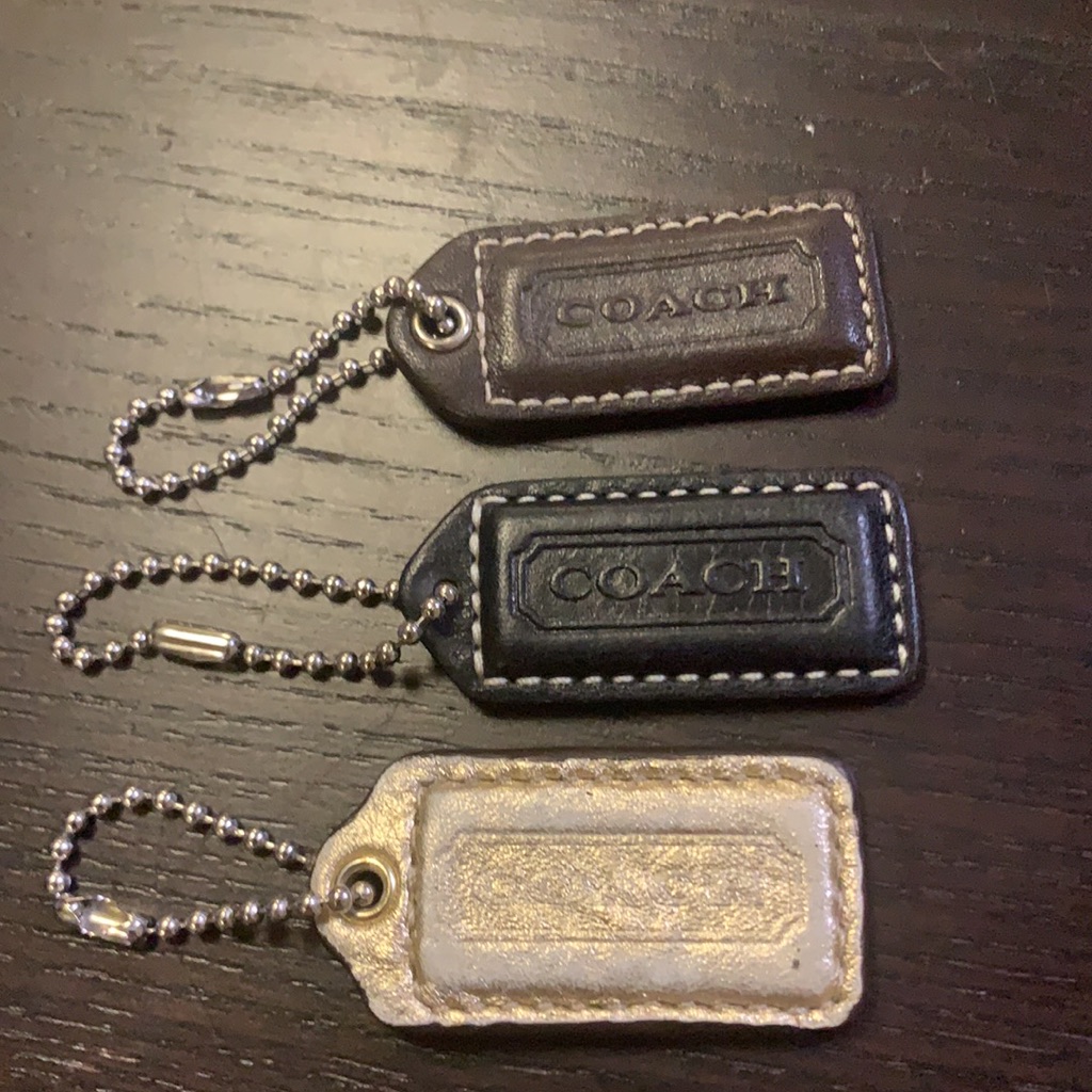 Coach Leather Hangtag Keychain Handbag Charm Gold Dark Brown And Black